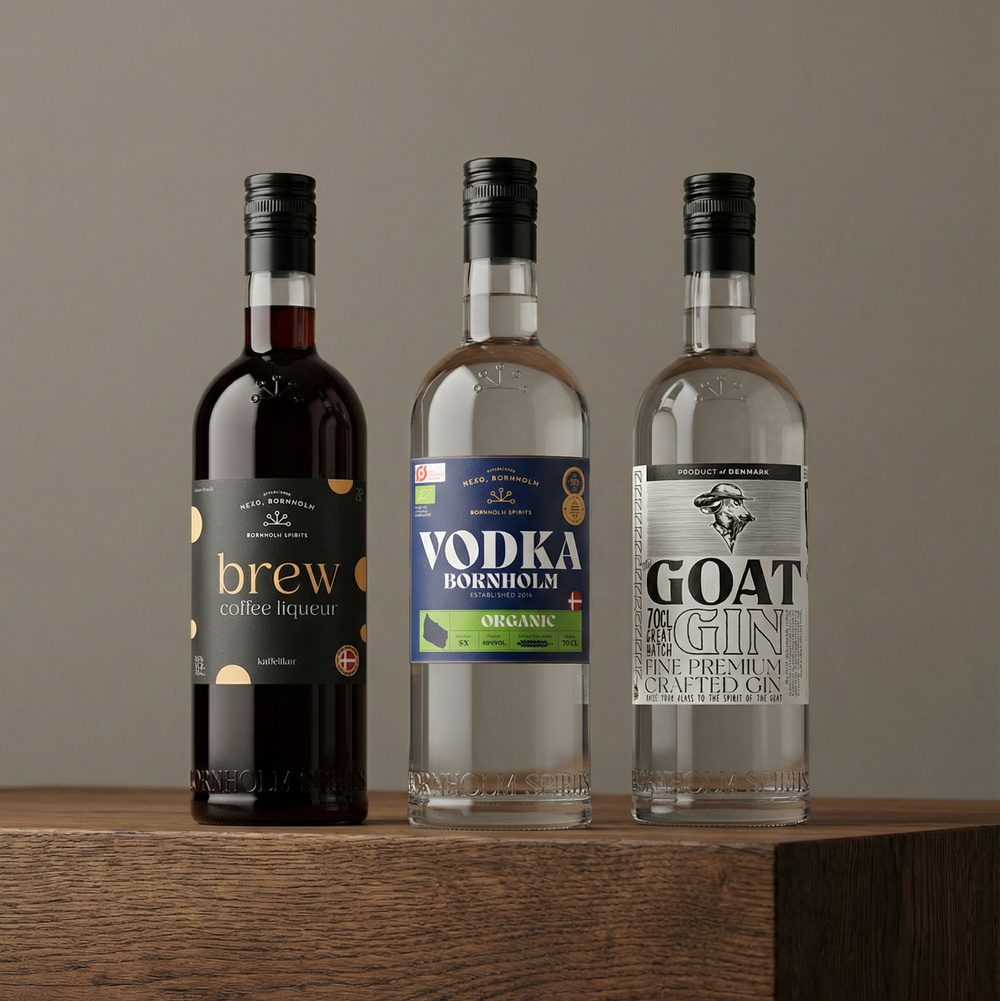 Bestsellerpakken med GOAT Gin, Brew Kaffelikør og Vodka Bornholm